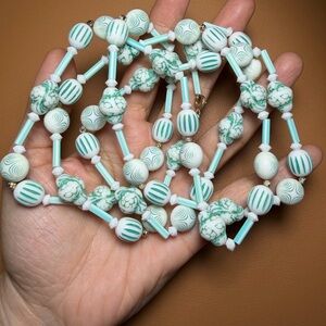 Vintage 60s White & Green Long Beaded Statement Necklace